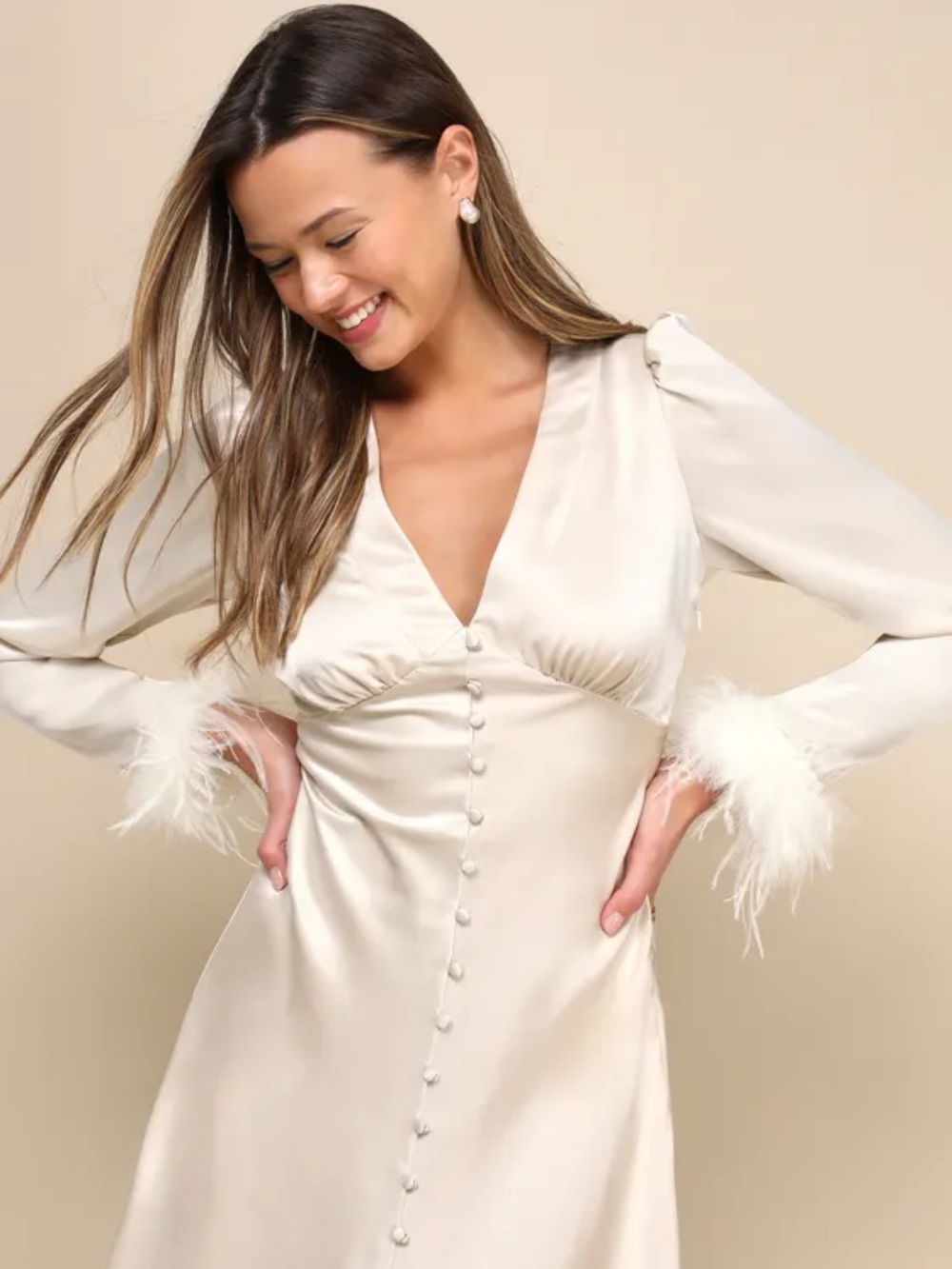 NWOT Lulus Precious Aura Champagne Satin Feather Long Sleeve Midi Dress Sz: XS